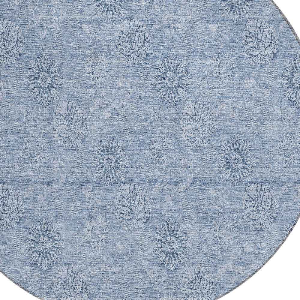 8' Sky Blue And Blue Round Floral Washable Indoor Outdoor Area Rug