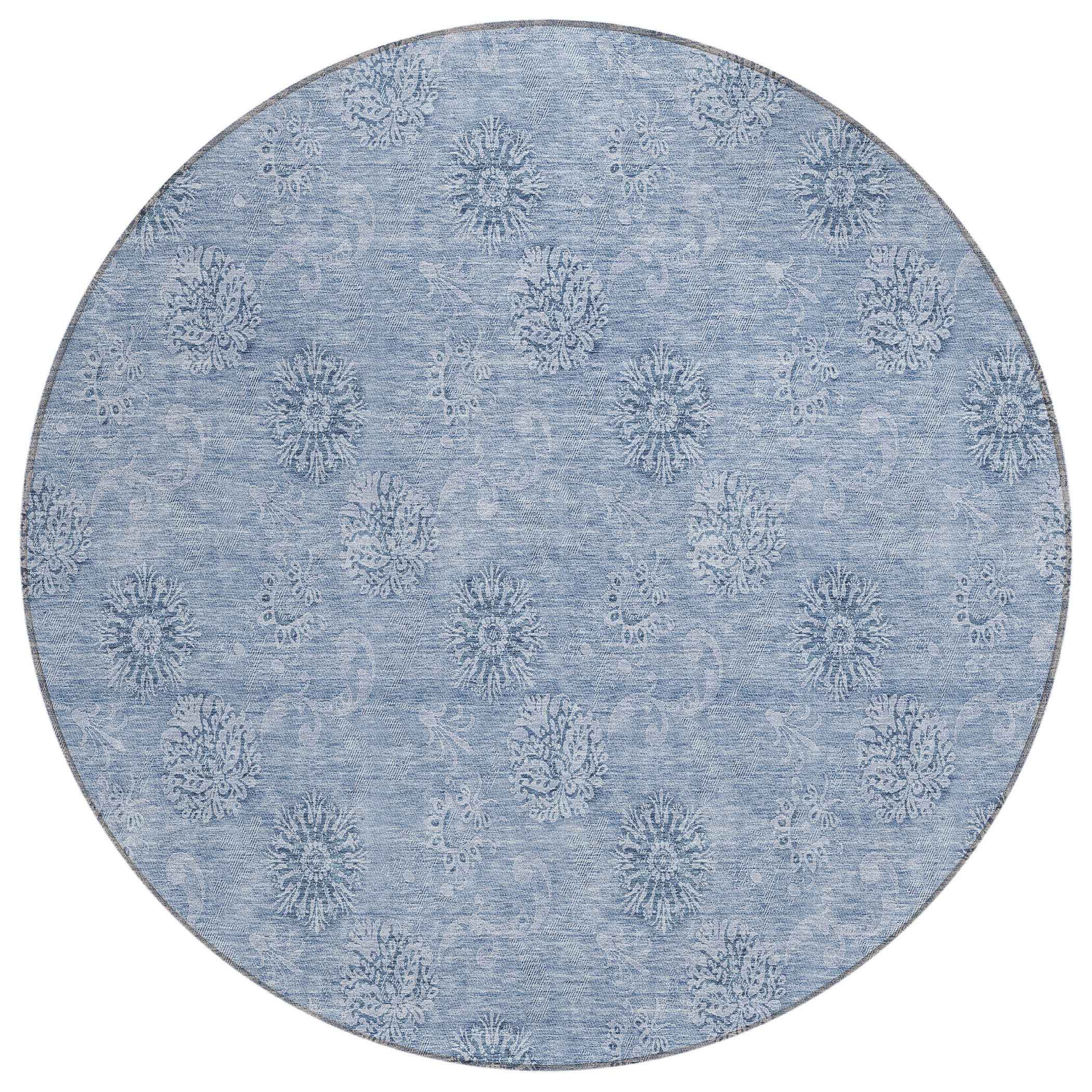 8' Sky Blue And Blue Round Floral Washable Indoor Outdoor Area Rug