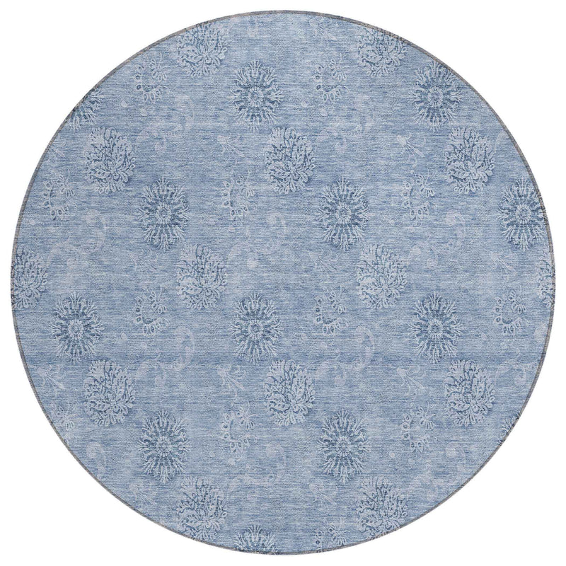 8' Sky Blue And Blue Round Floral Washable Indoor Outdoor Area Rug
