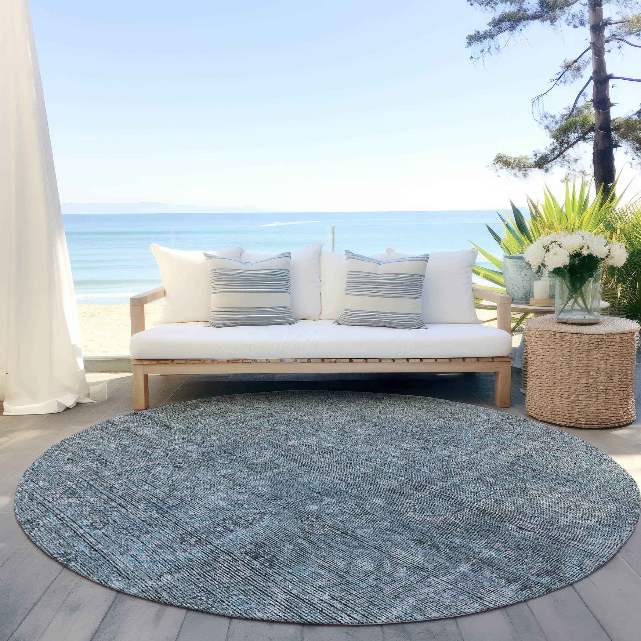 8' Teal Blue And Gray Round Southwestern Washable Indoor Outdoor Area Rug