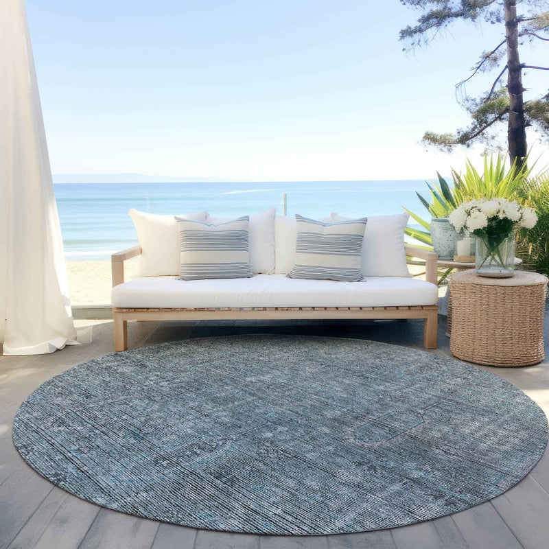 8' Teal Blue And Gray Round Southwestern Washable Indoor Outdoor Area Rug