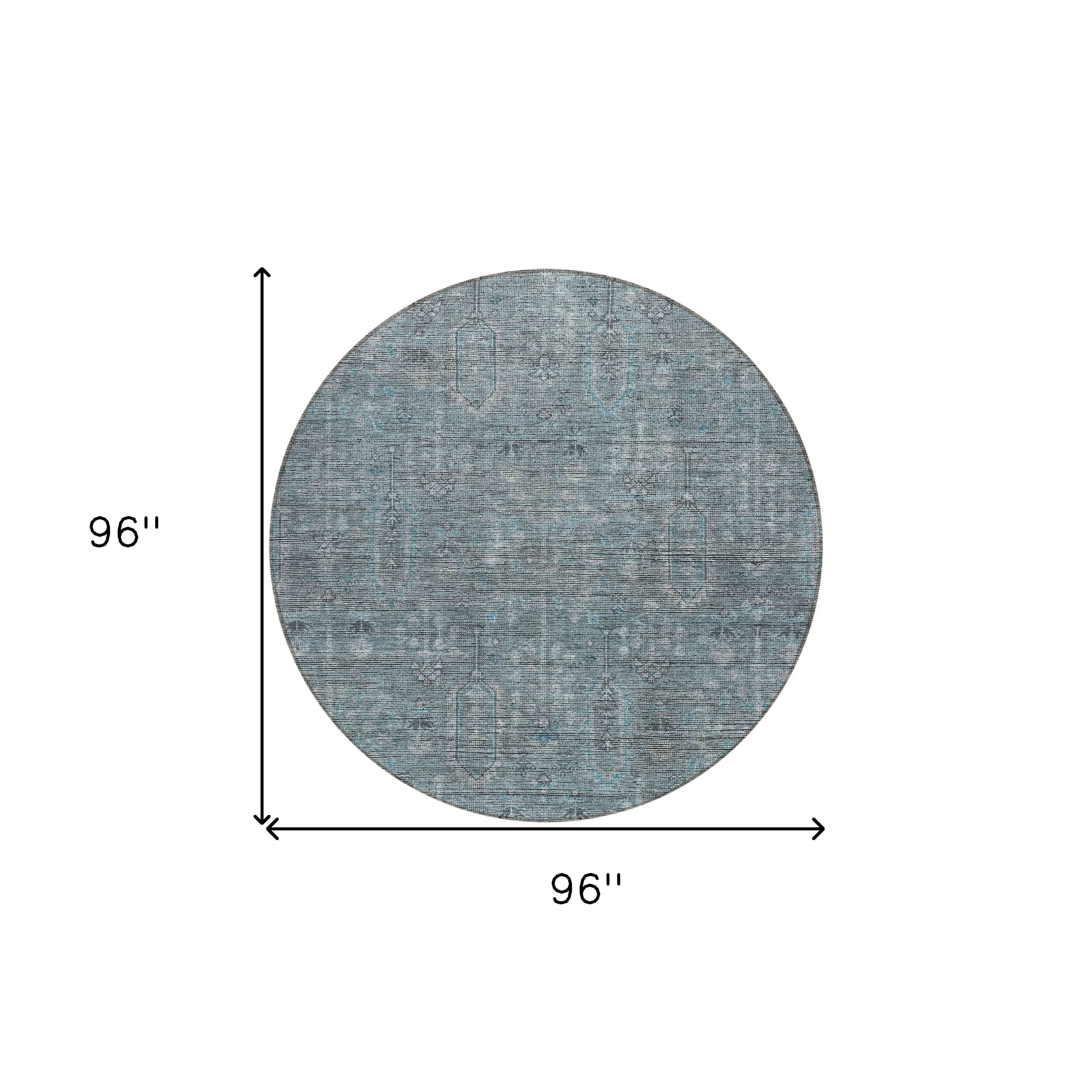 8' Teal Blue And Gray Round Southwestern Washable Indoor Outdoor Area Rug