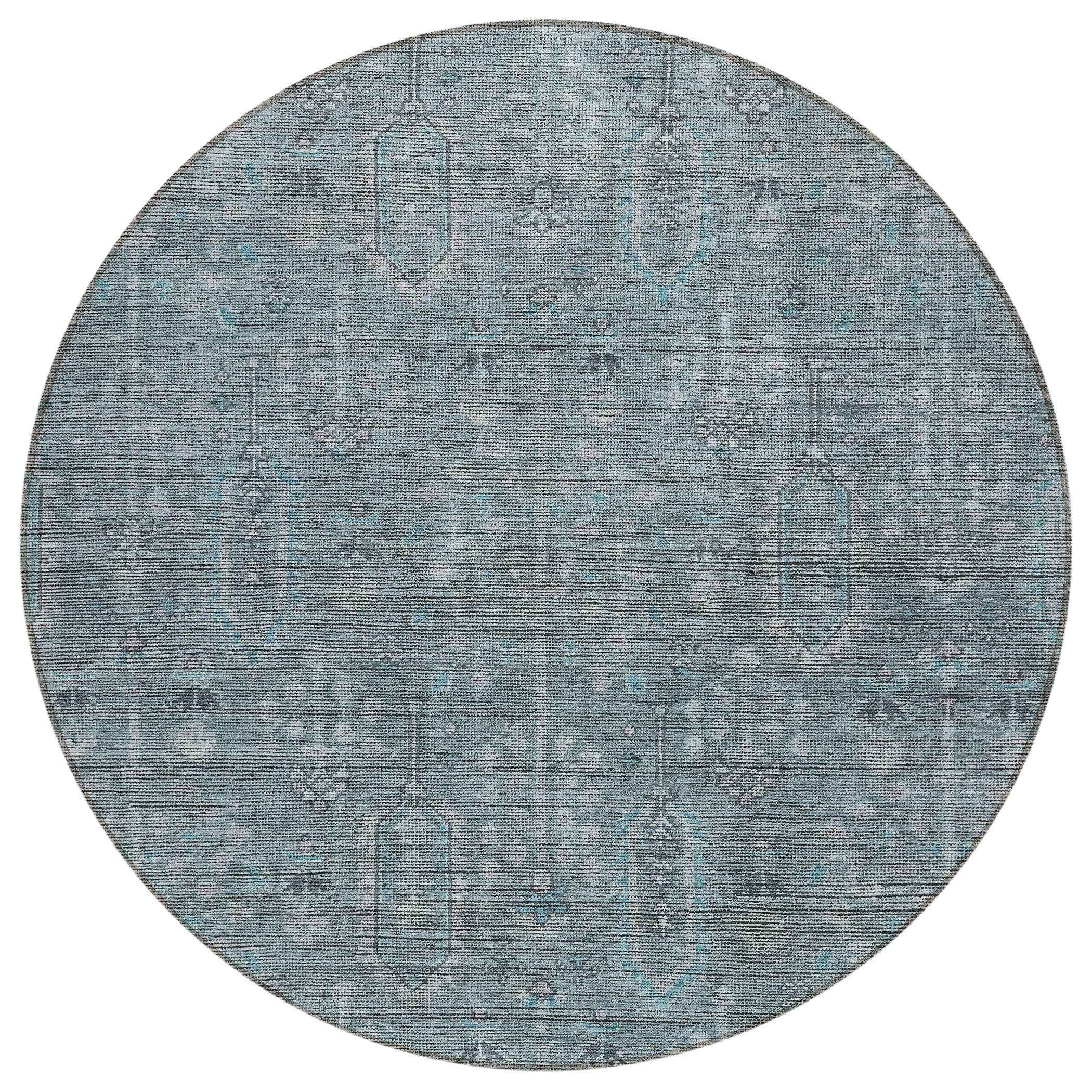 8' Teal Blue And Gray Round Southwestern Washable Indoor Outdoor Area Rug