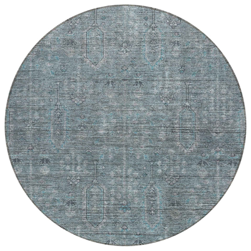 8' Teal Blue And Gray Round Southwestern Washable Indoor Outdoor Area Rug