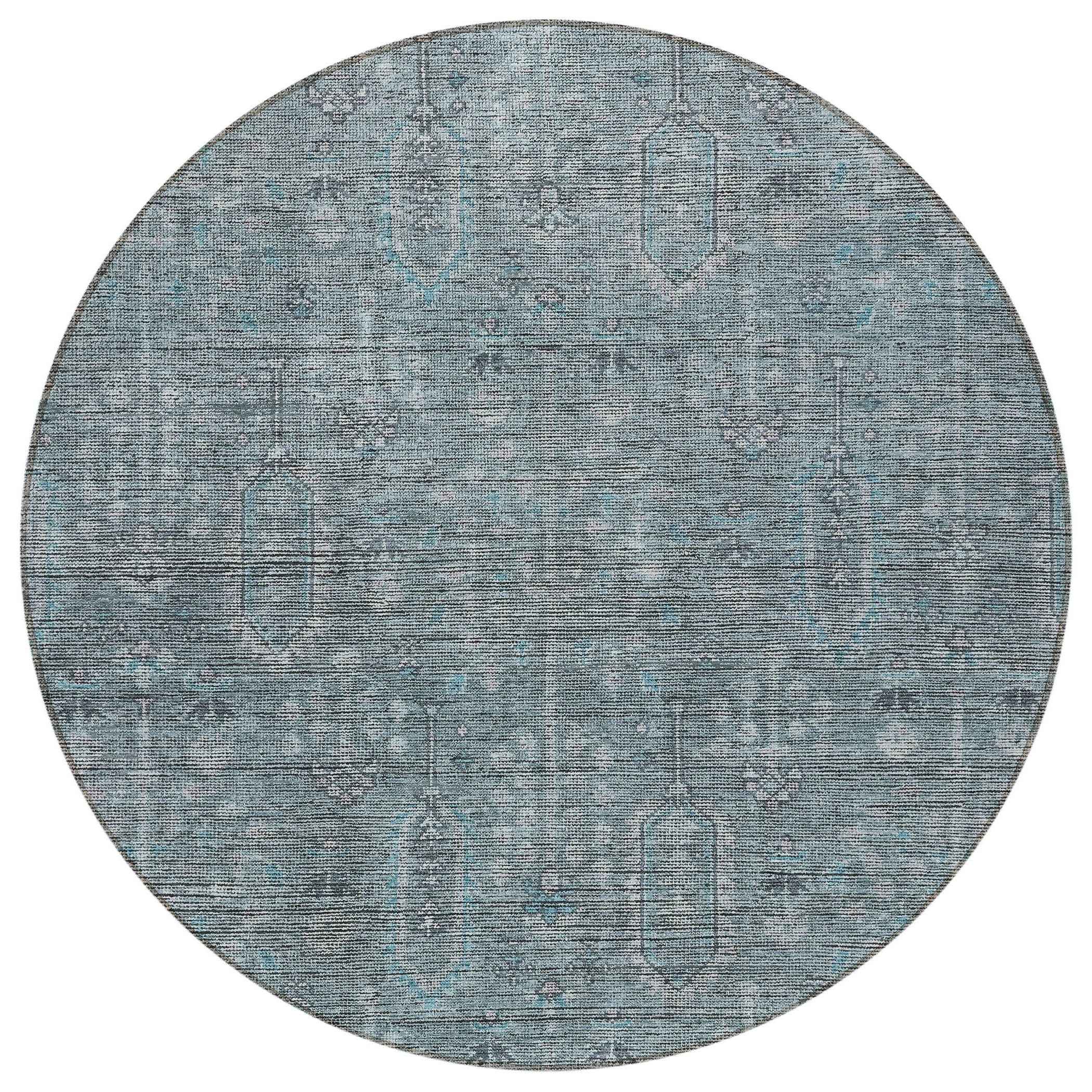 8' Teal Blue And Gray Round Southwestern Washable Indoor Outdoor Area Rug