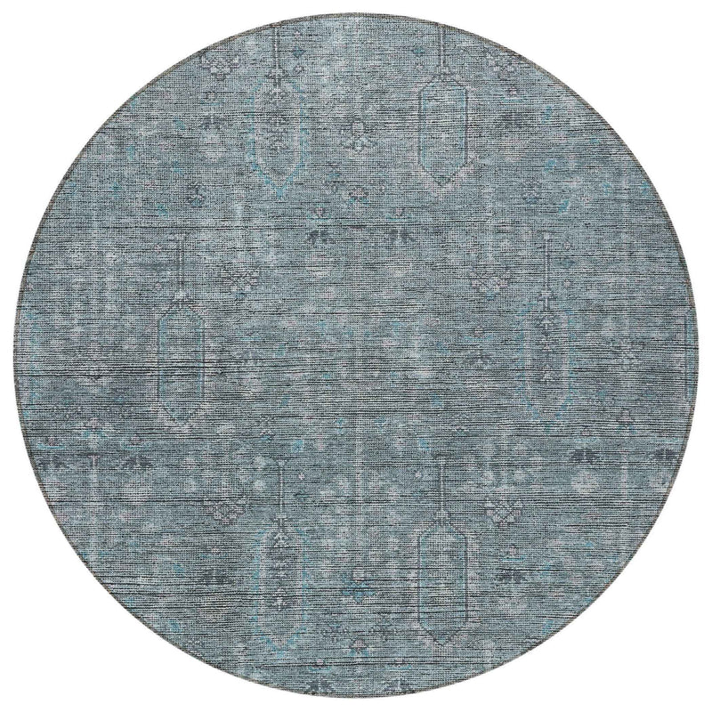 8' Teal Blue And Gray Round Southwestern Washable Indoor Outdoor Area Rug