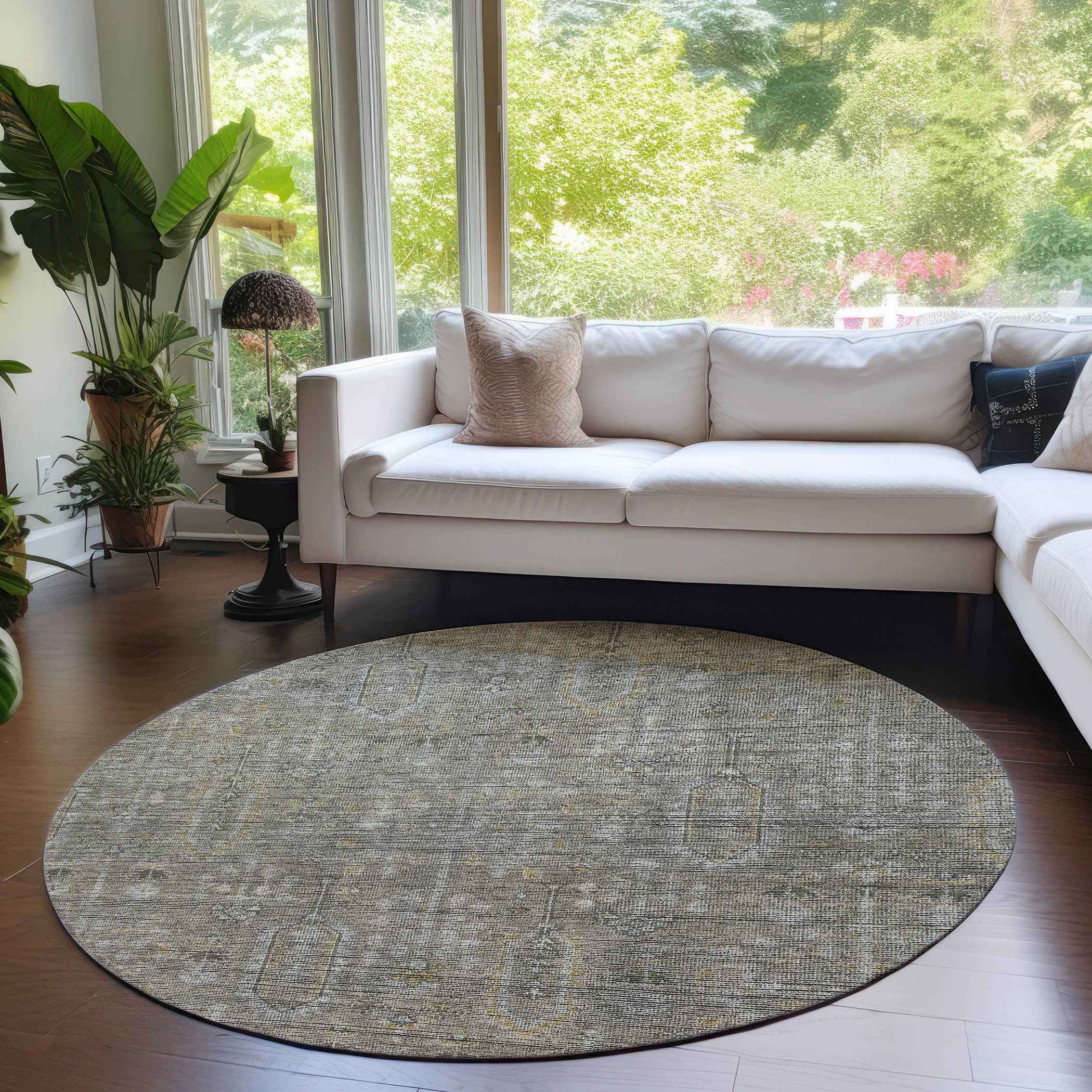 8' Taupe Gray And Beige Round Southwestern Washable Indoor Outdoor Area Rug