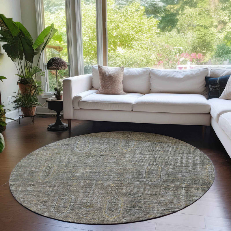 8' Taupe Gray And Beige Round Southwestern Washable Indoor Outdoor Area Rug