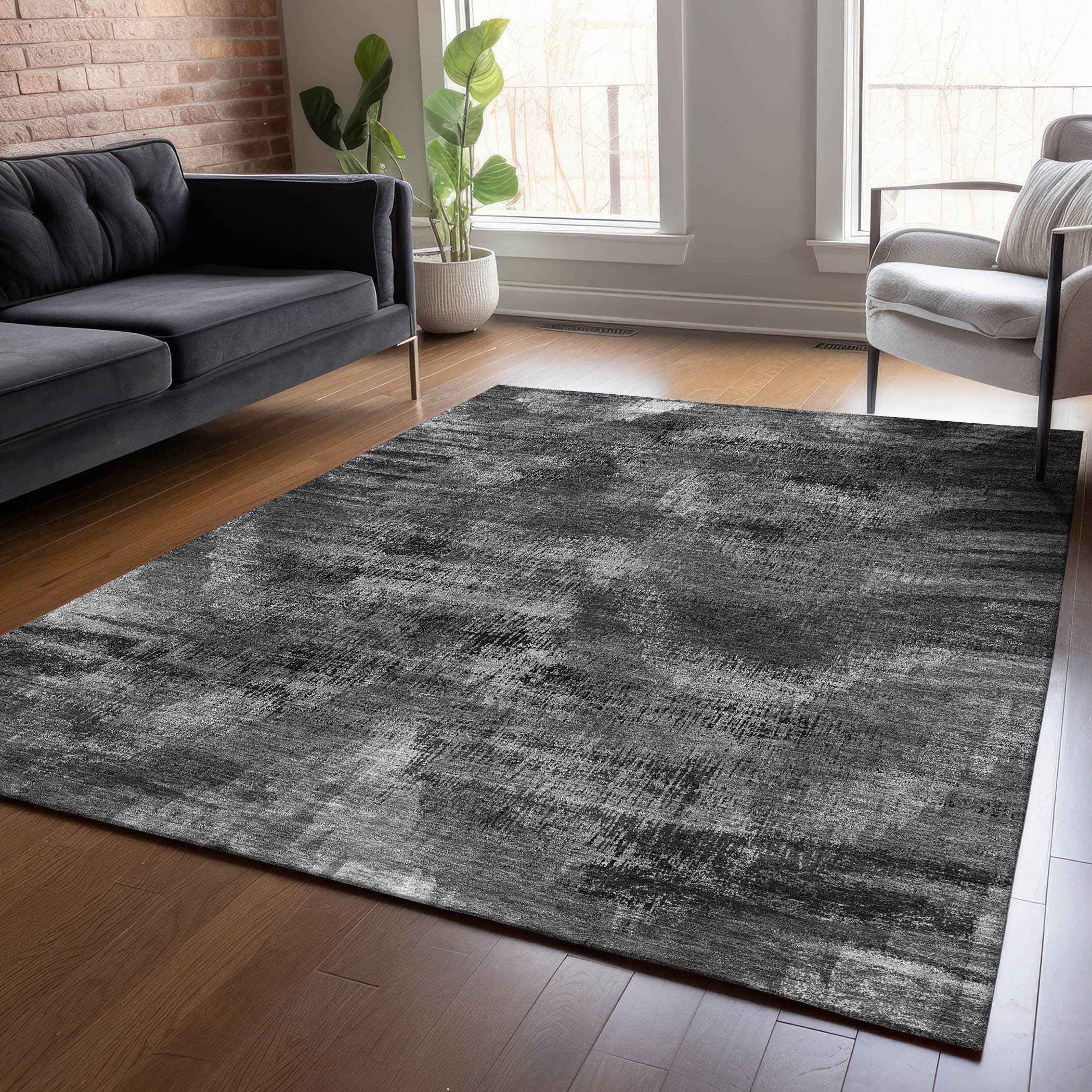8' X 10' Gray Charcoal And Silver Abstract Washable Indoor Outdoor Area Rug