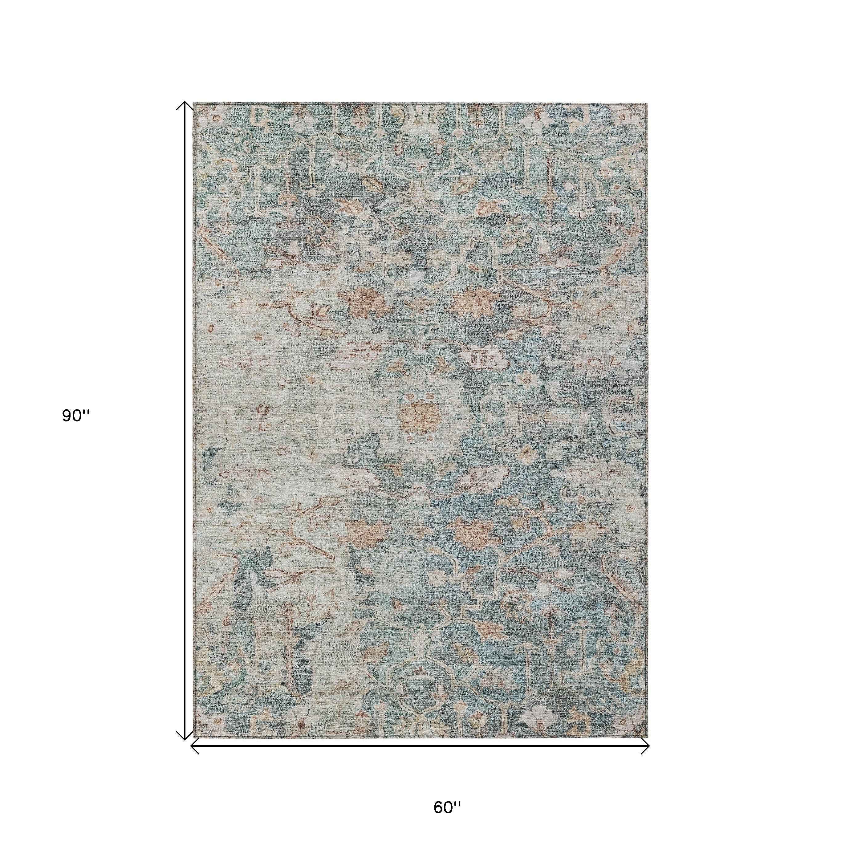 5' X 8' Green Blue And Gray Oriental Washable Indoor Outdoor Area Rug