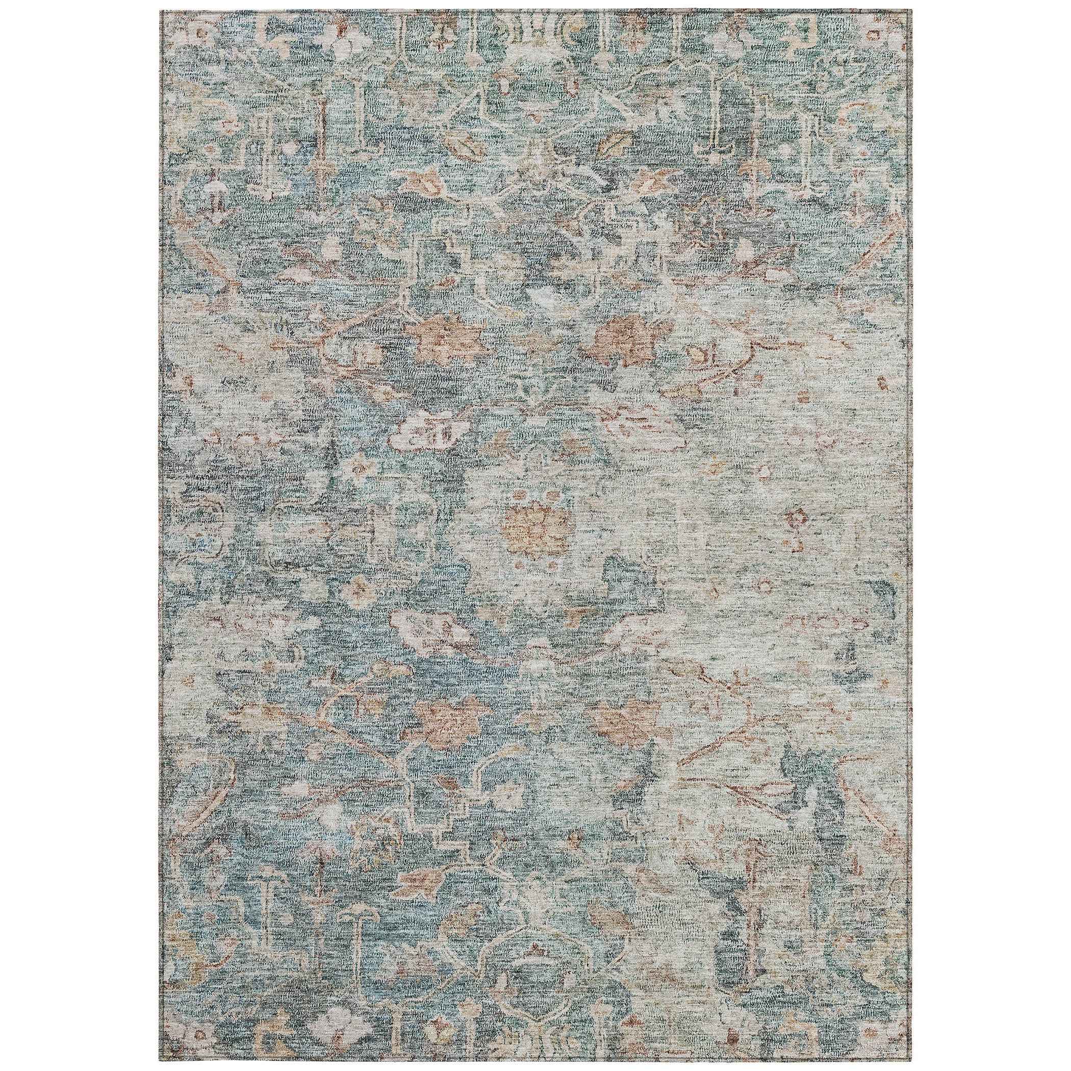5' X 8' Green Blue And Gray Oriental Washable Indoor Outdoor Area Rug