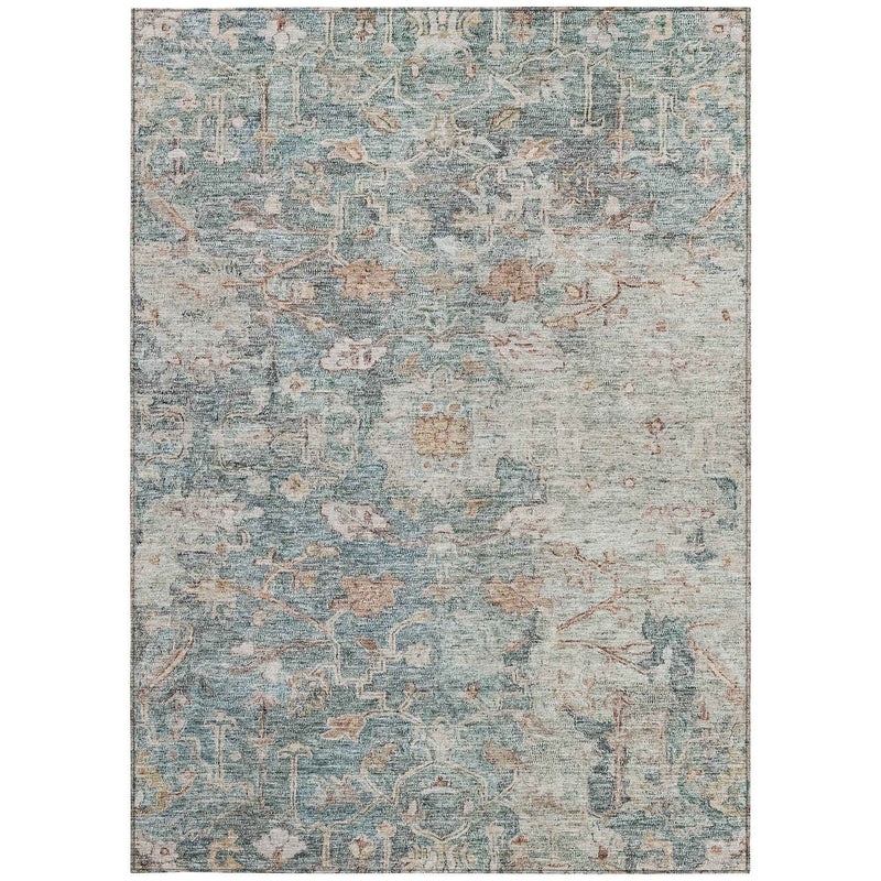 5' X 8' Green Blue And Gray Oriental Washable Indoor Outdoor Area Rug
