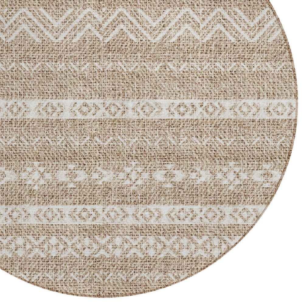 8' Brown And Beige Round Southwestern Washable Indoor Outdoor Area Rug