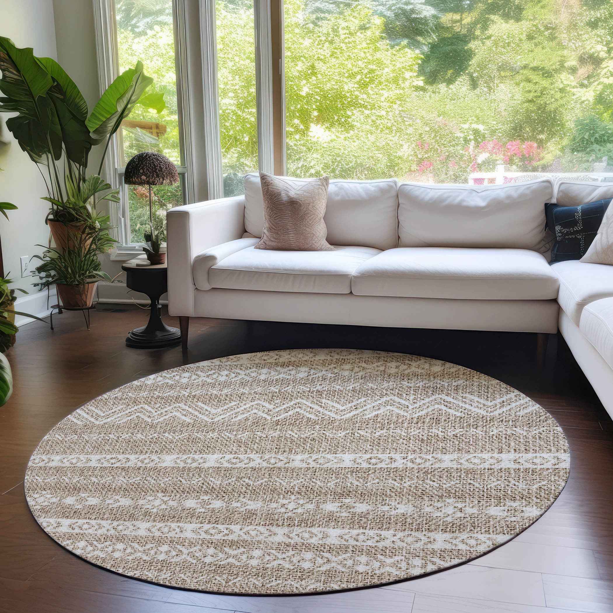 8' Brown And Beige Round Southwestern Washable Indoor Outdoor Area Rug