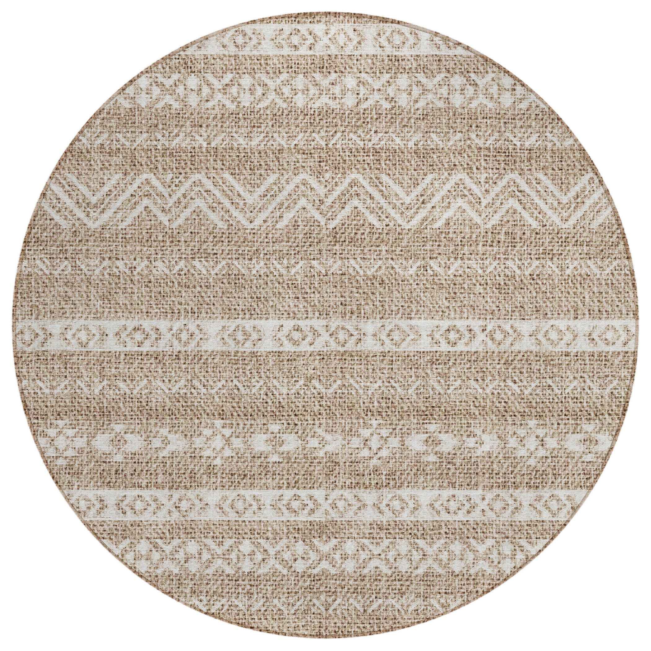 8' Brown And Beige Round Southwestern Washable Indoor Outdoor Area Rug