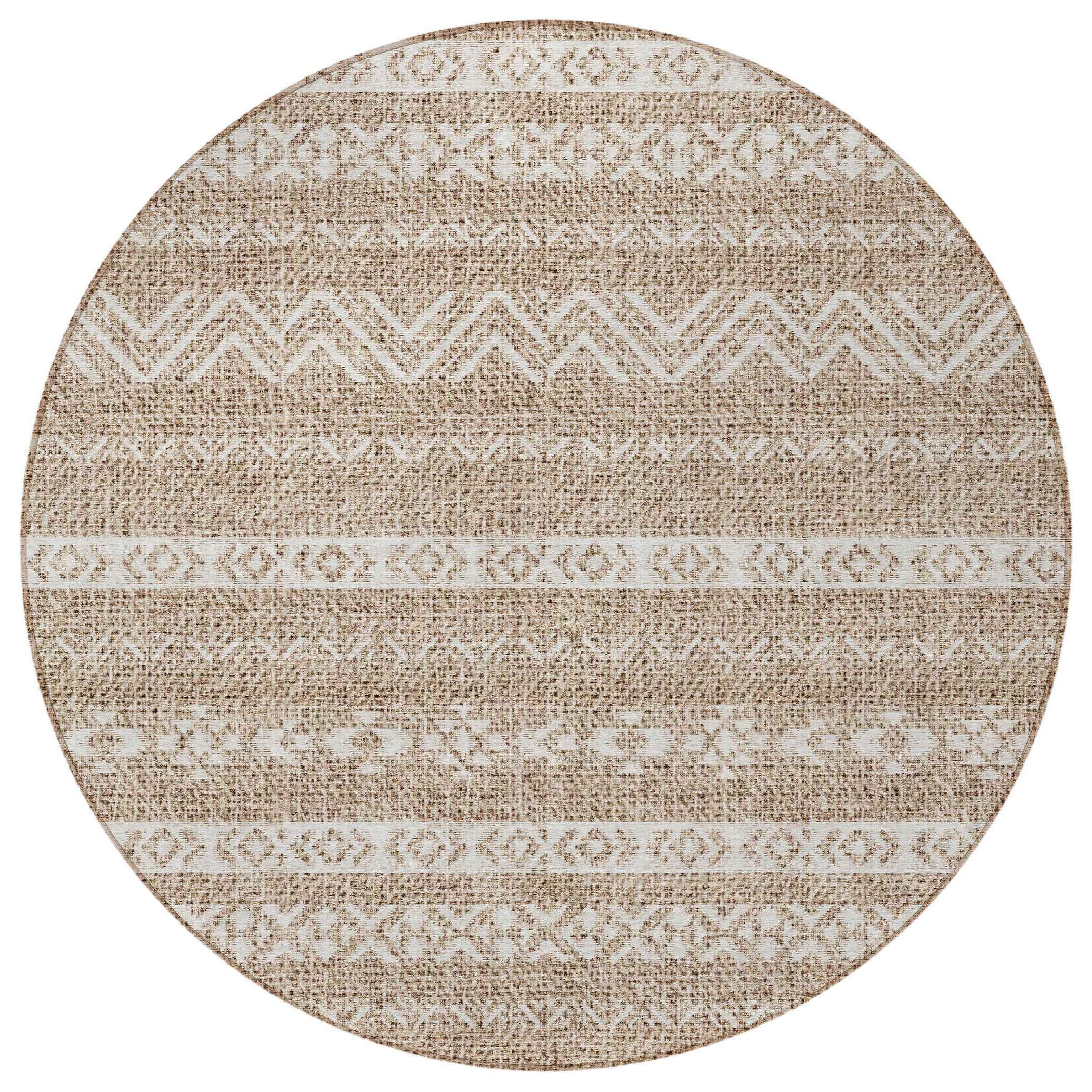 8' Brown And Beige Round Southwestern Washable Indoor Outdoor Area Rug