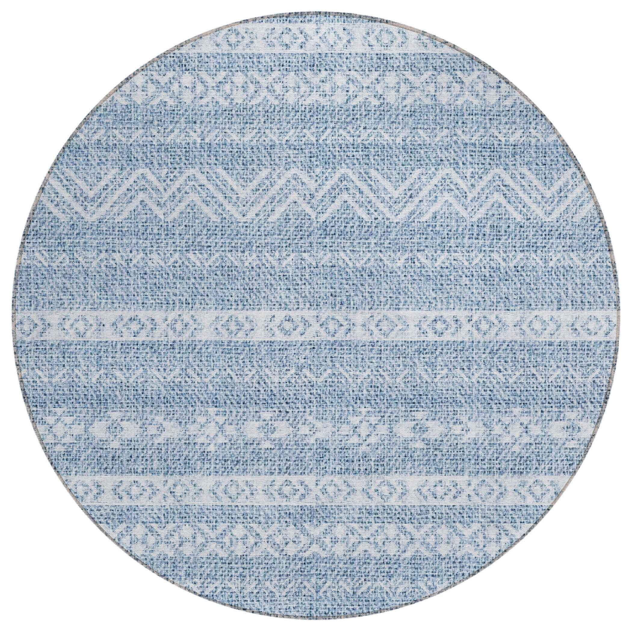 8' Blue And Denim Blue Round Southwestern Washable Indoor Outdoor Area Rug