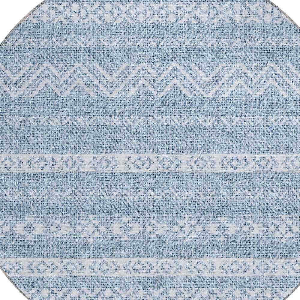 8' Blue And Denim Blue Round Southwestern Washable Indoor Outdoor Area Rug