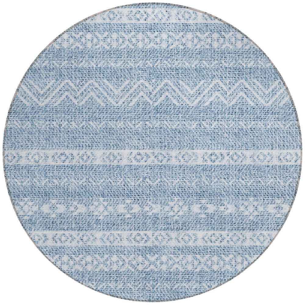 8' Blue And Denim Blue Round Southwestern Washable Indoor Outdoor Area Rug
