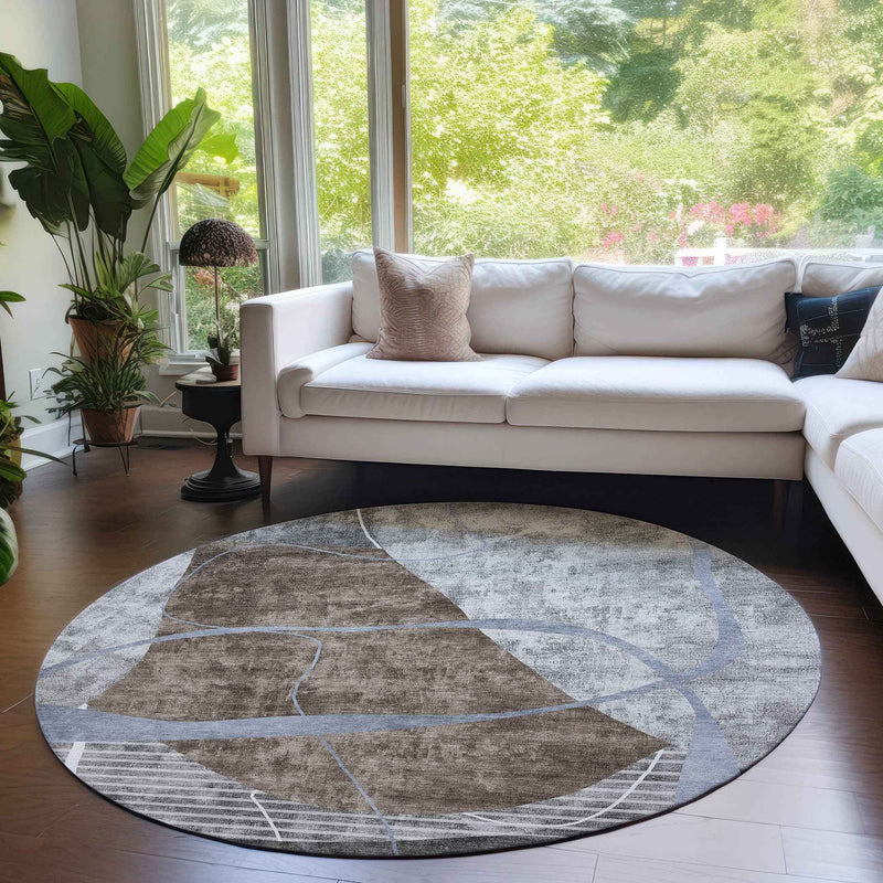 8' Chocolate Gray And Charcoal Round Abstract Washable Indoor Outdoor Area Rug