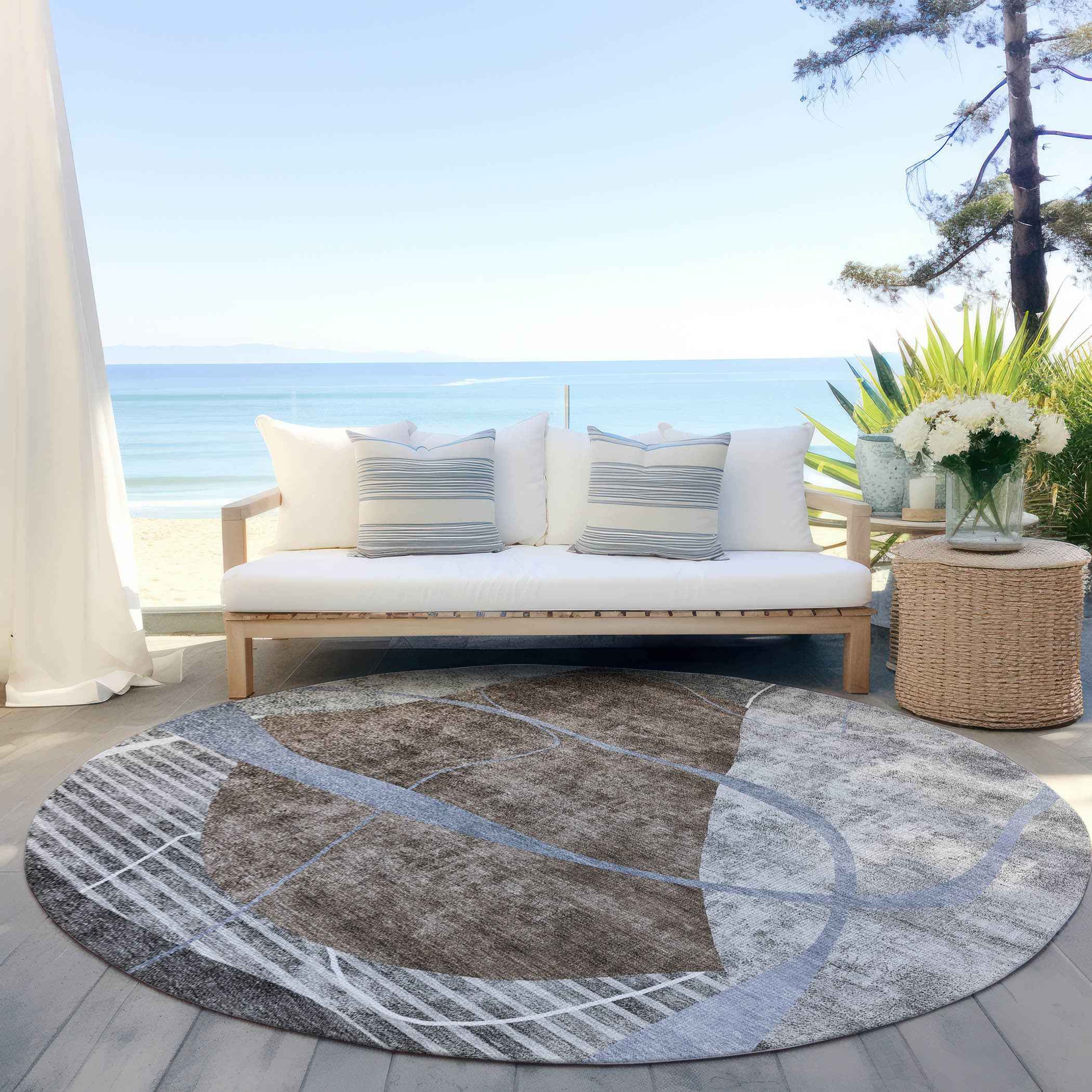 8' Chocolate Gray And Charcoal Round Abstract Washable Indoor Outdoor Area Rug