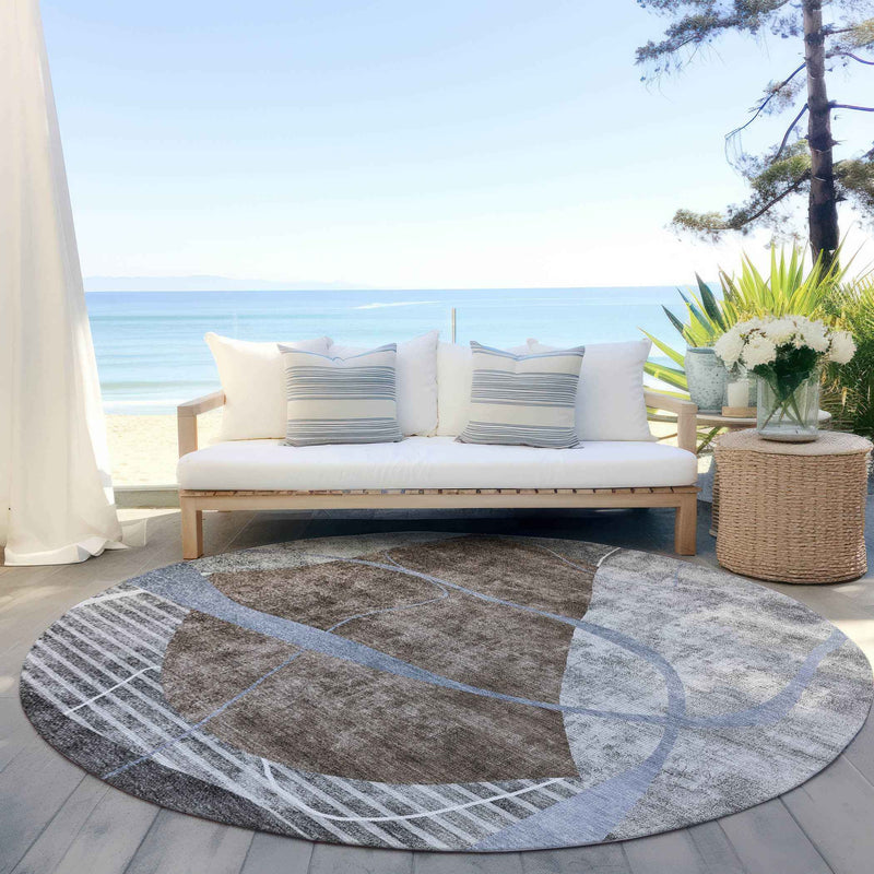 8' Chocolate Gray And Charcoal Round Abstract Washable Indoor Outdoor Area Rug