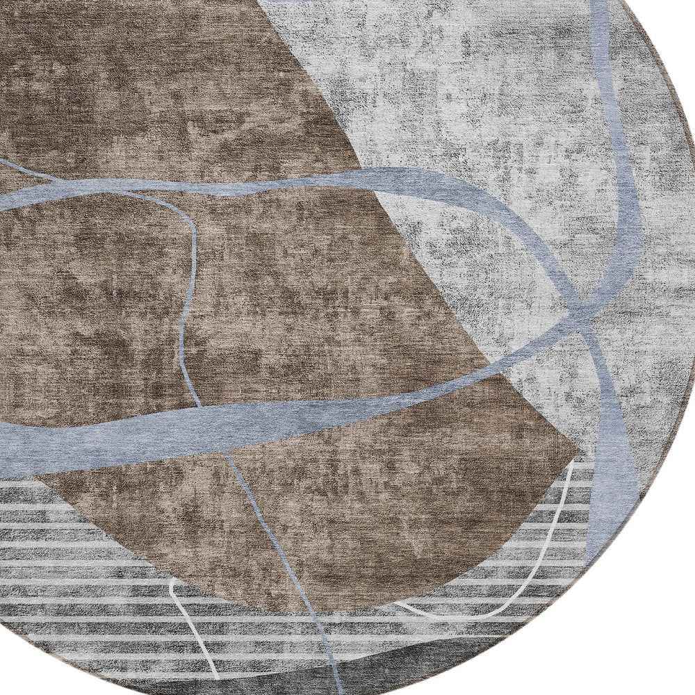 8' Chocolate Gray And Charcoal Round Abstract Washable Indoor Outdoor Area Rug