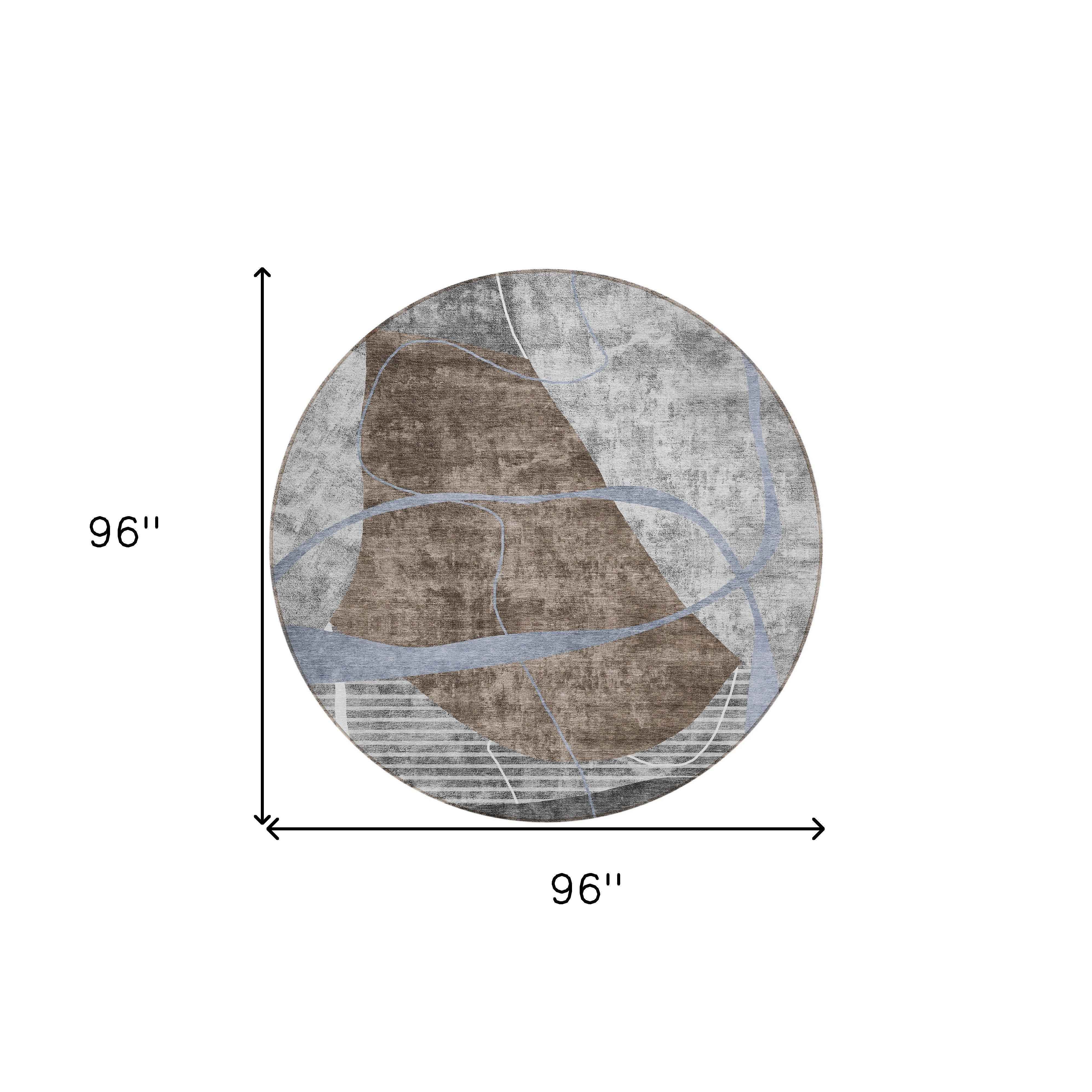 8' Chocolate Gray And Charcoal Round Abstract Washable Indoor Outdoor Area Rug