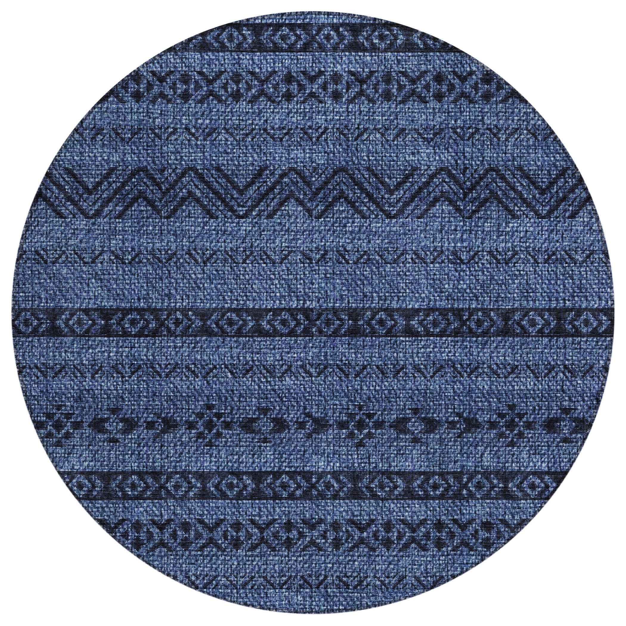 8' Navy Blue And Black Round Southwestern Washable Indoor Outdoor Area Rug