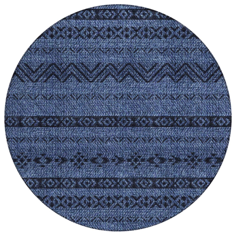 8' Navy Blue And Black Round Southwestern Washable Indoor Outdoor Area Rug