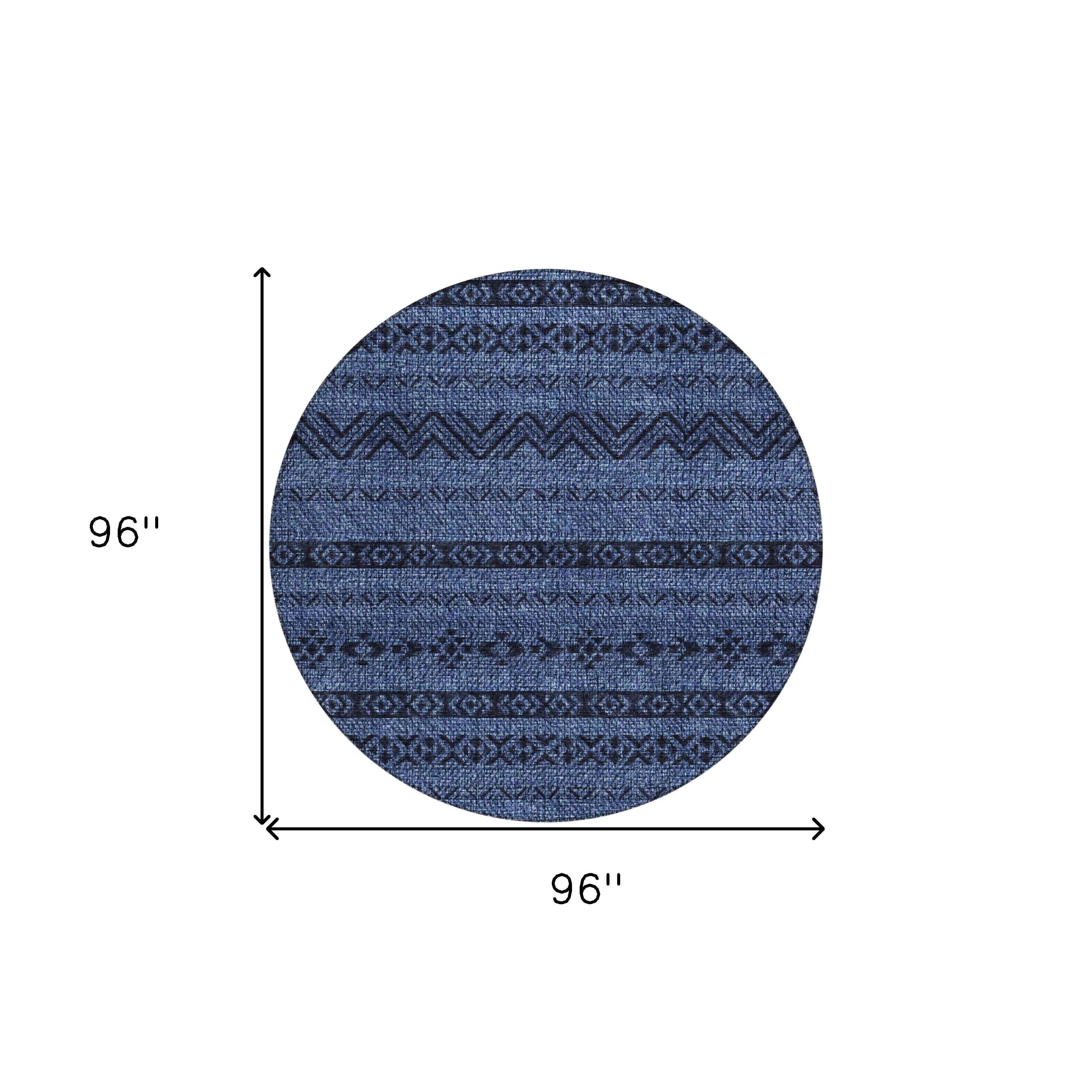 8' Navy Blue And Black Round Southwestern Washable Indoor Outdoor Area Rug