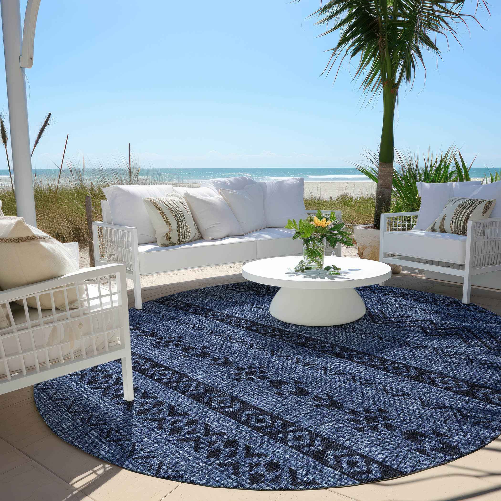 8' Navy Blue And Black Round Southwestern Washable Indoor Outdoor Area Rug
