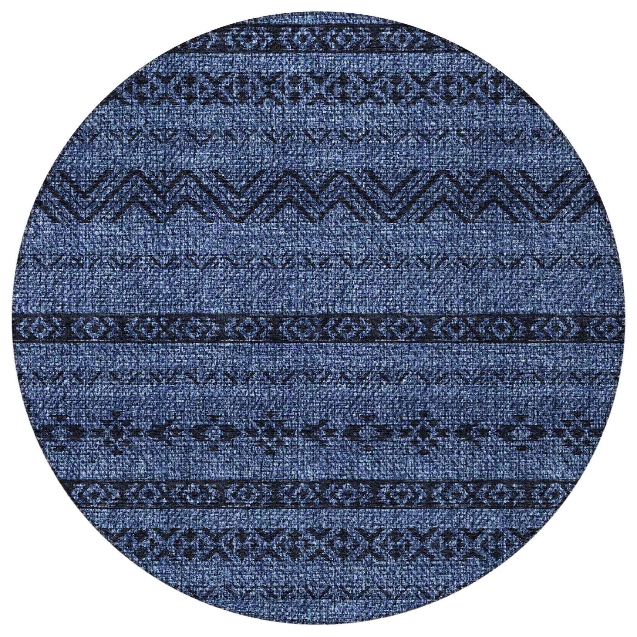8' Navy Blue And Black Round Southwestern Washable Indoor Outdoor Area Rug