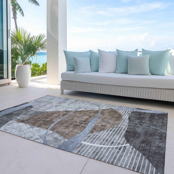 5' X 8' Chocolate Gray And Charcoal Abstract Washable Indoor Outdoor Area Rug