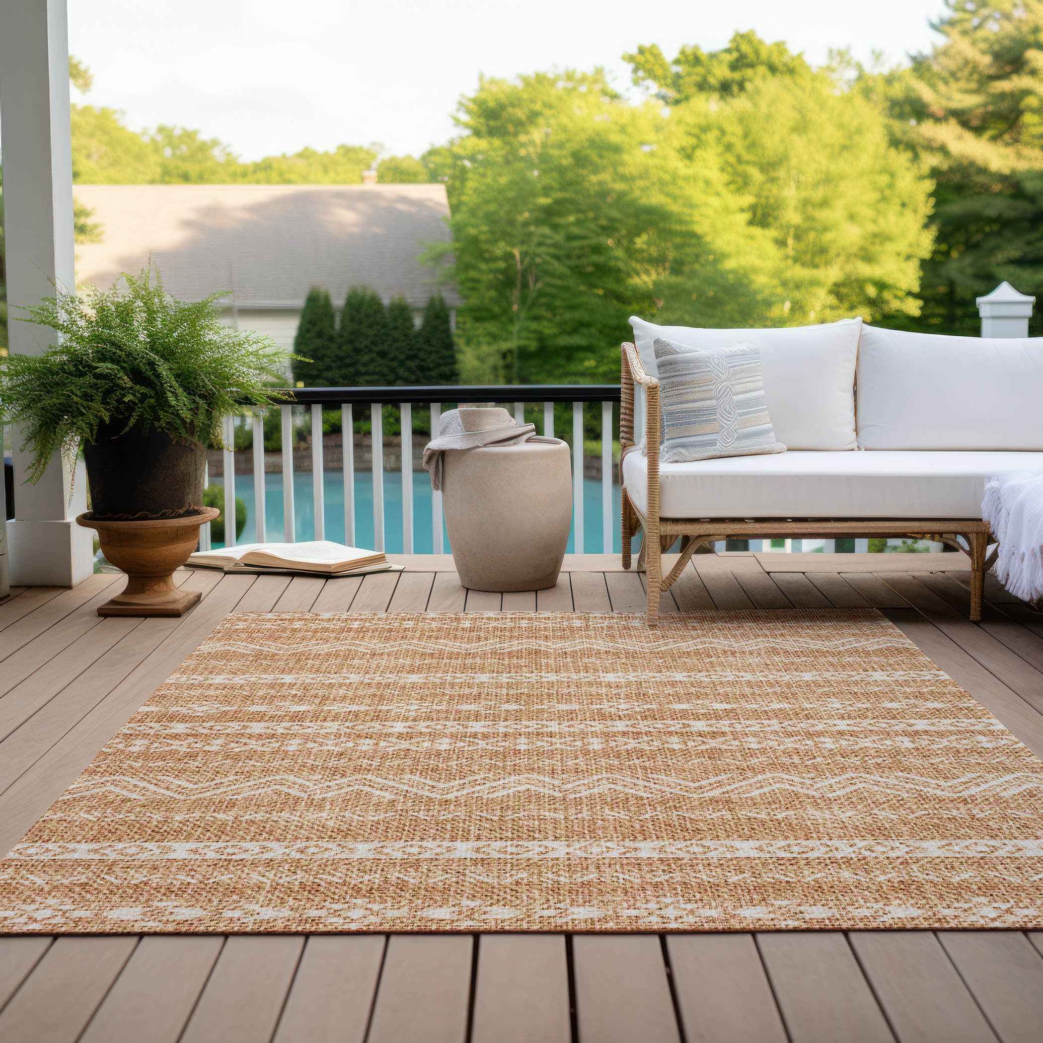 9' X 12' Terra Cotta And Beige Southwestern Washable Indoor Outdoor Area Rug