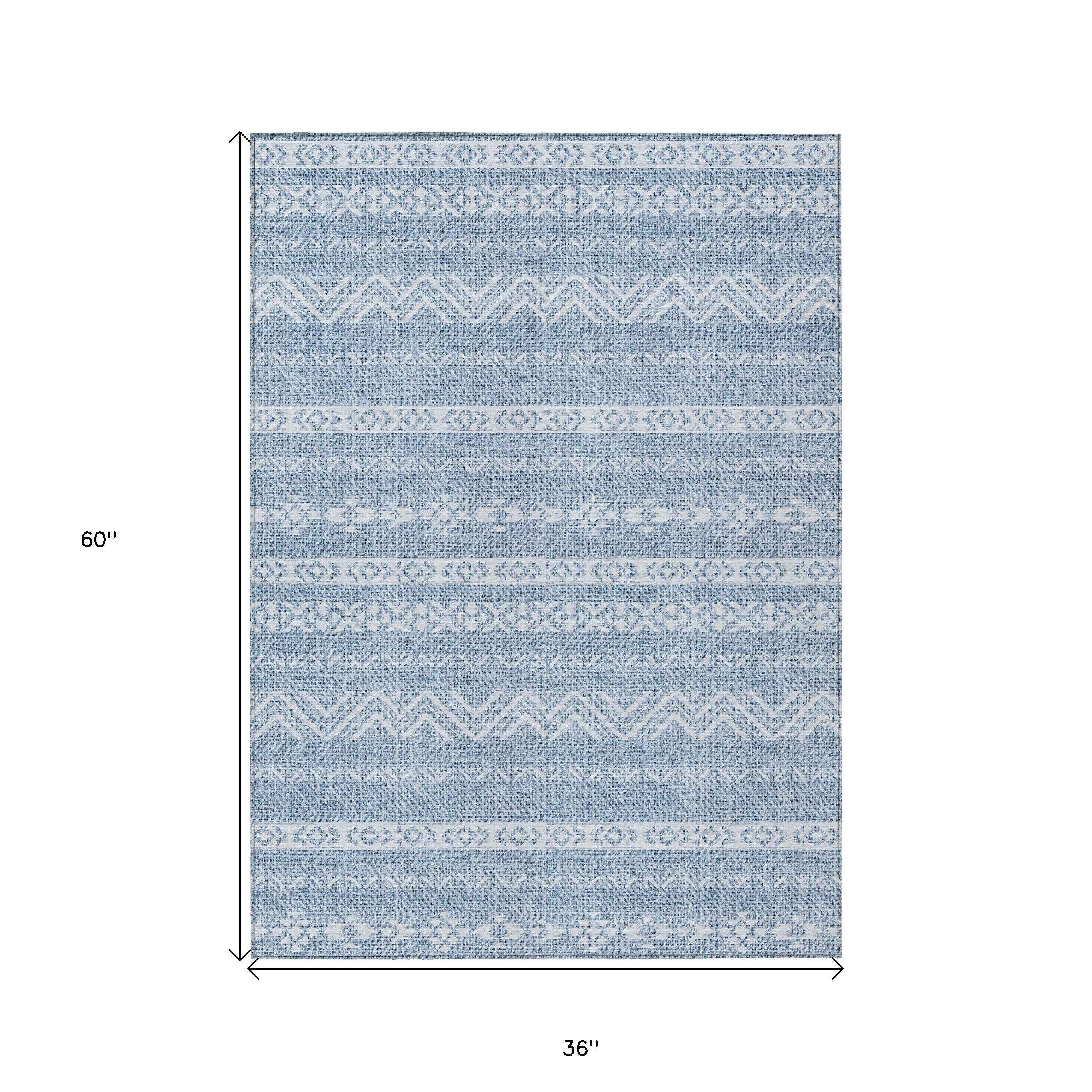3' X 5' Blue And Denim Blue Southwestern Washable Indoor Outdoor Area Rug