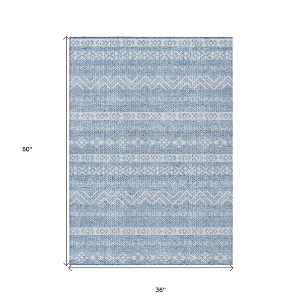 3' X 5' Blue And Denim Blue Southwestern Washable Indoor Outdoor Area Rug