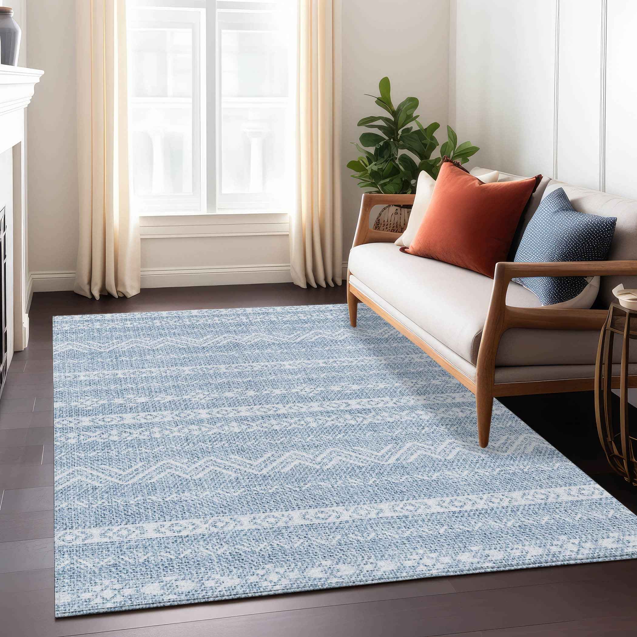 5' X 8' Blue And Denim Blue Southwestern Washable Indoor Outdoor Area Rug