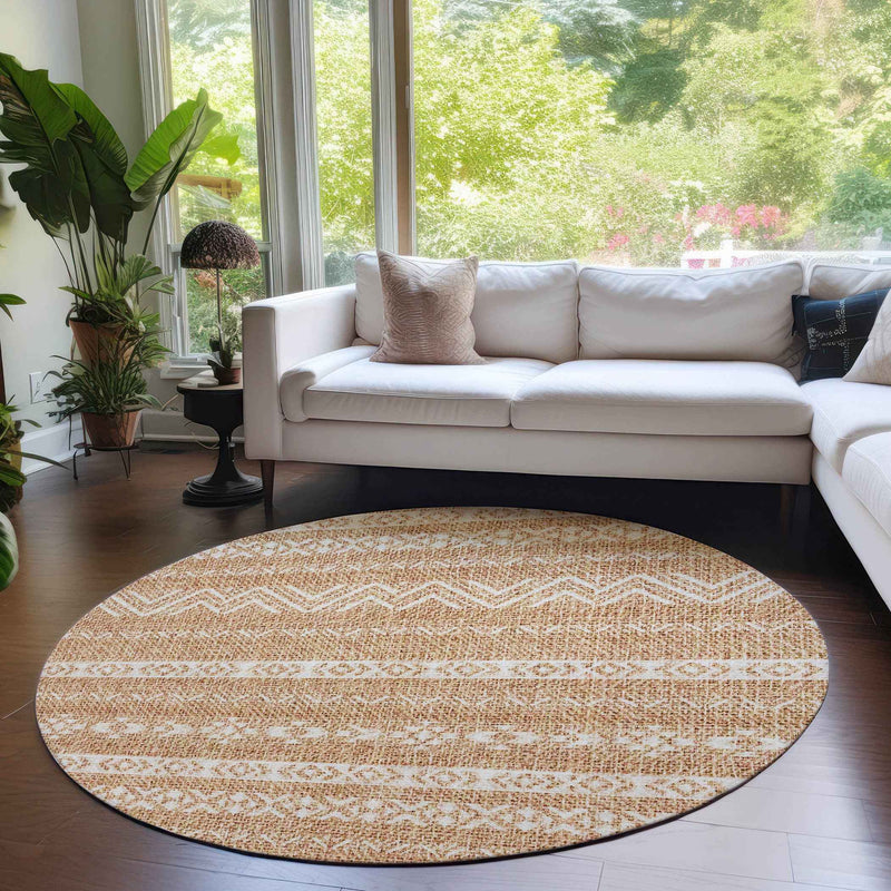 8' Terra Cotta And Beige Round Southwestern Washable Indoor Outdoor Area Rug