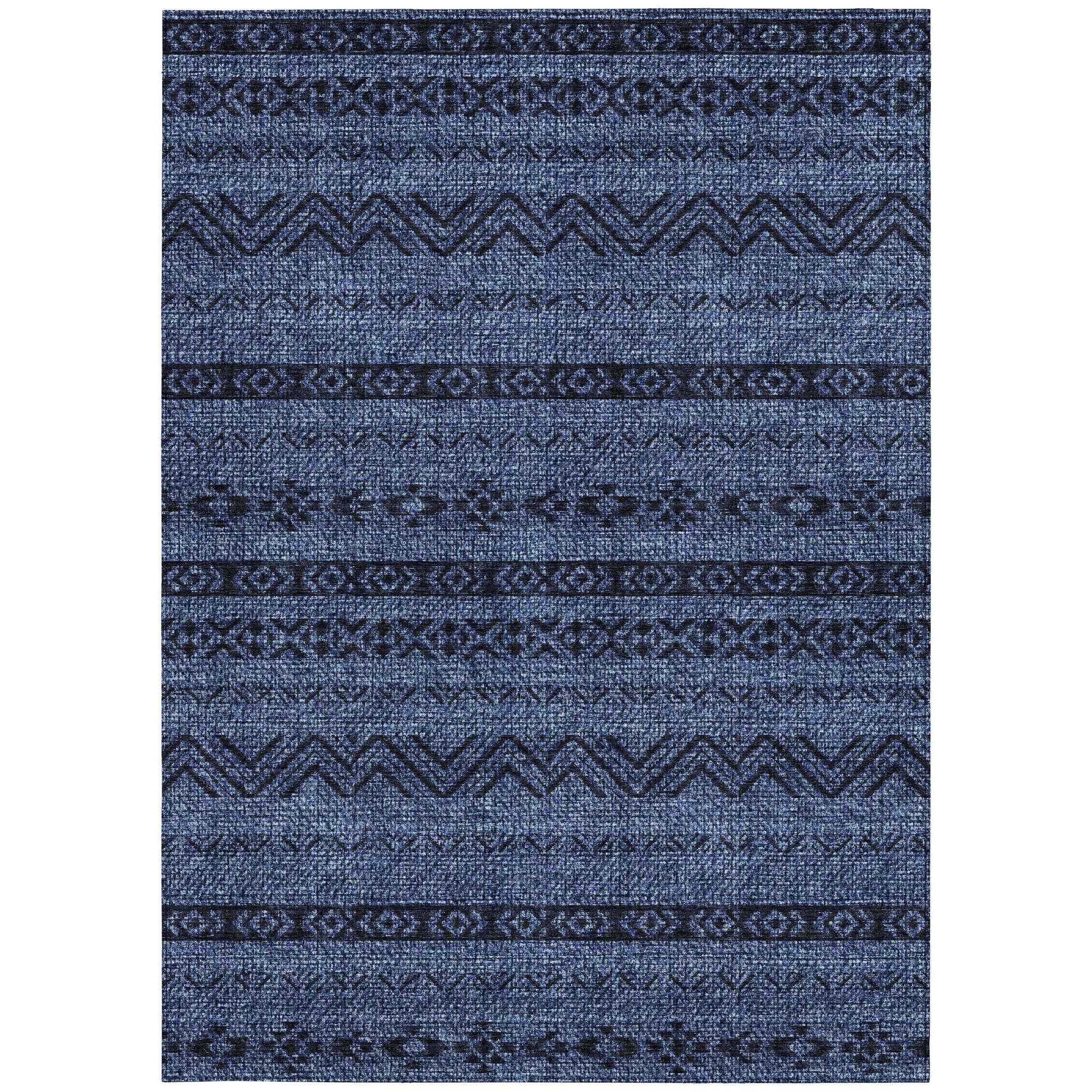 5' X 8' Navy Blue And Black Southwestern Washable Indoor Outdoor Area Rug