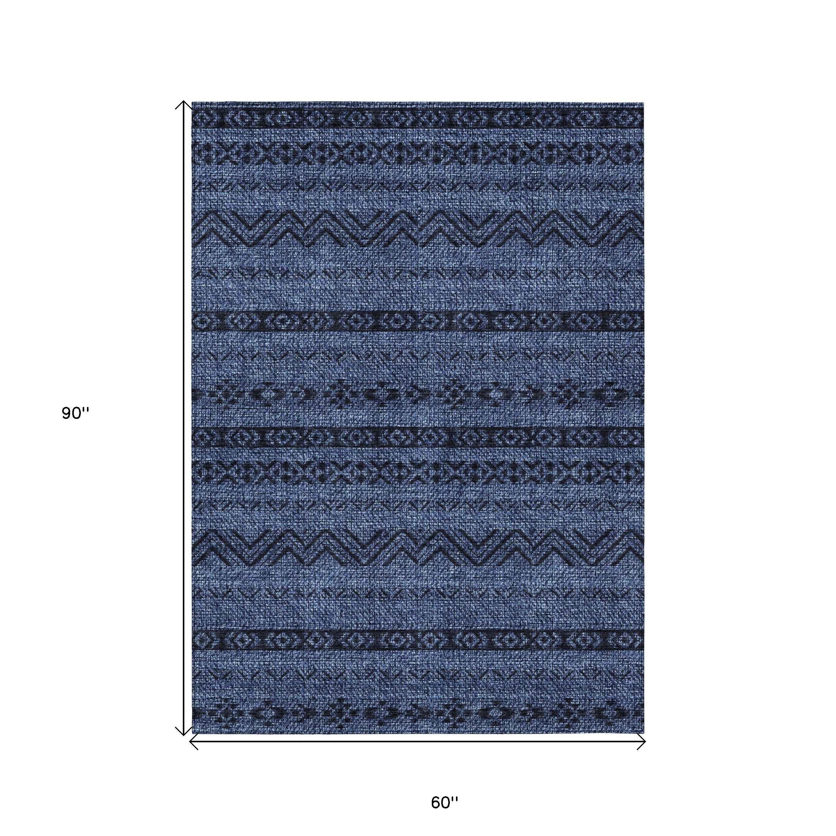 5' X 8' Navy Blue And Black Southwestern Washable Indoor Outdoor Area Rug