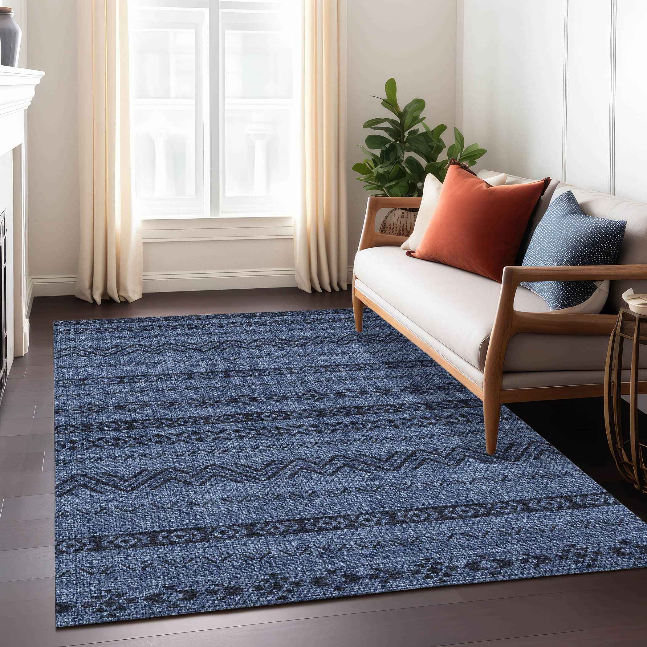 5' X 8' Navy Blue And Black Southwestern Washable Indoor Outdoor Area Rug