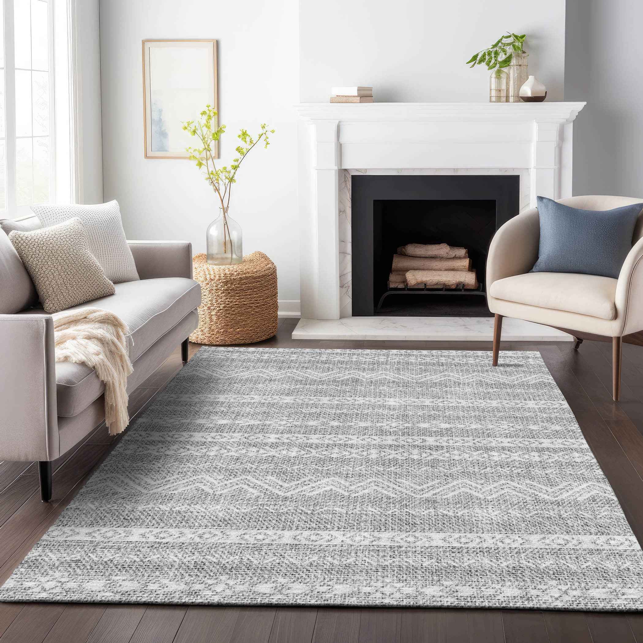 3' X 5' Gray And Silver Southwestern Washable Indoor Outdoor Area Rug