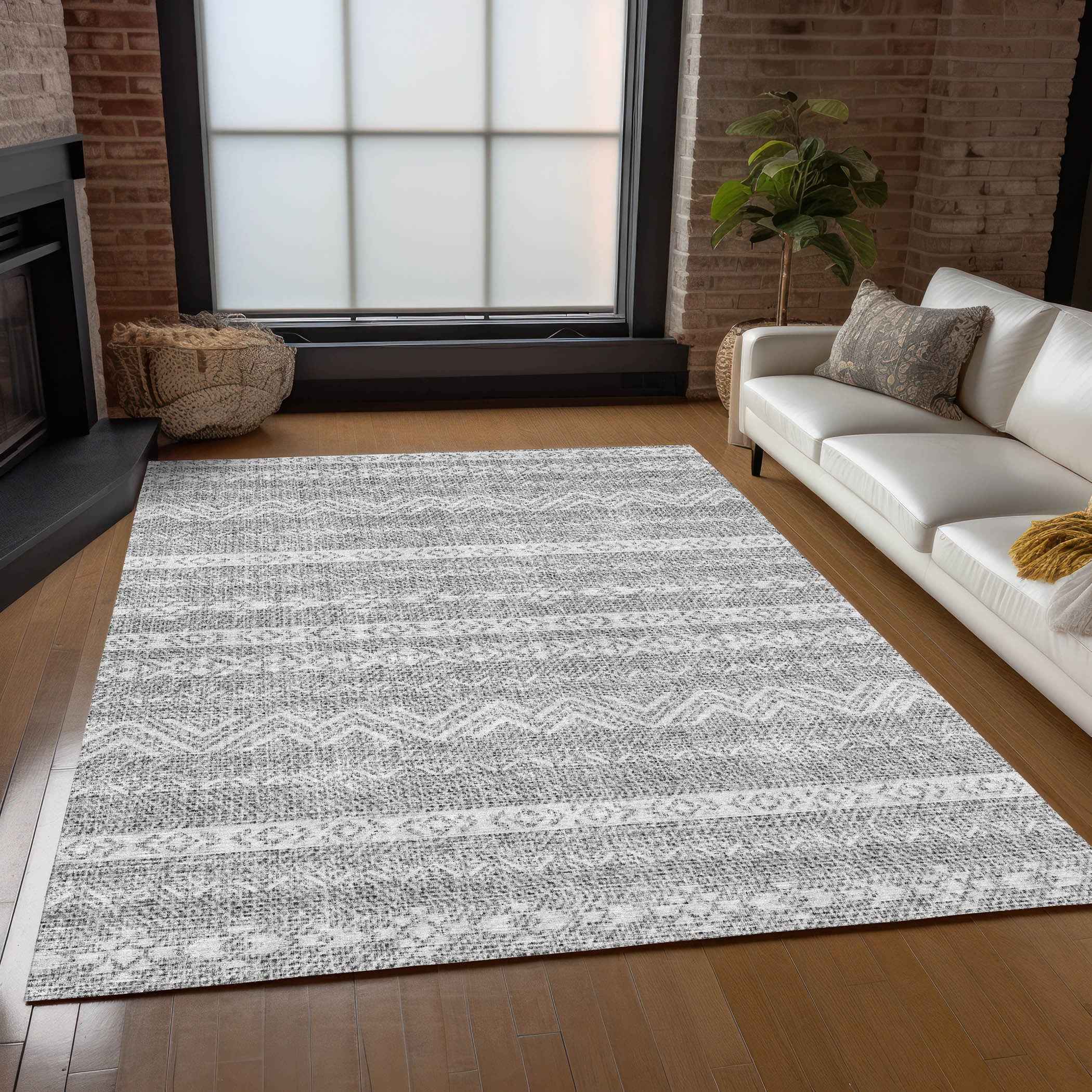 3' X 5' Gray And Silver Southwestern Washable Indoor Outdoor Area Rug