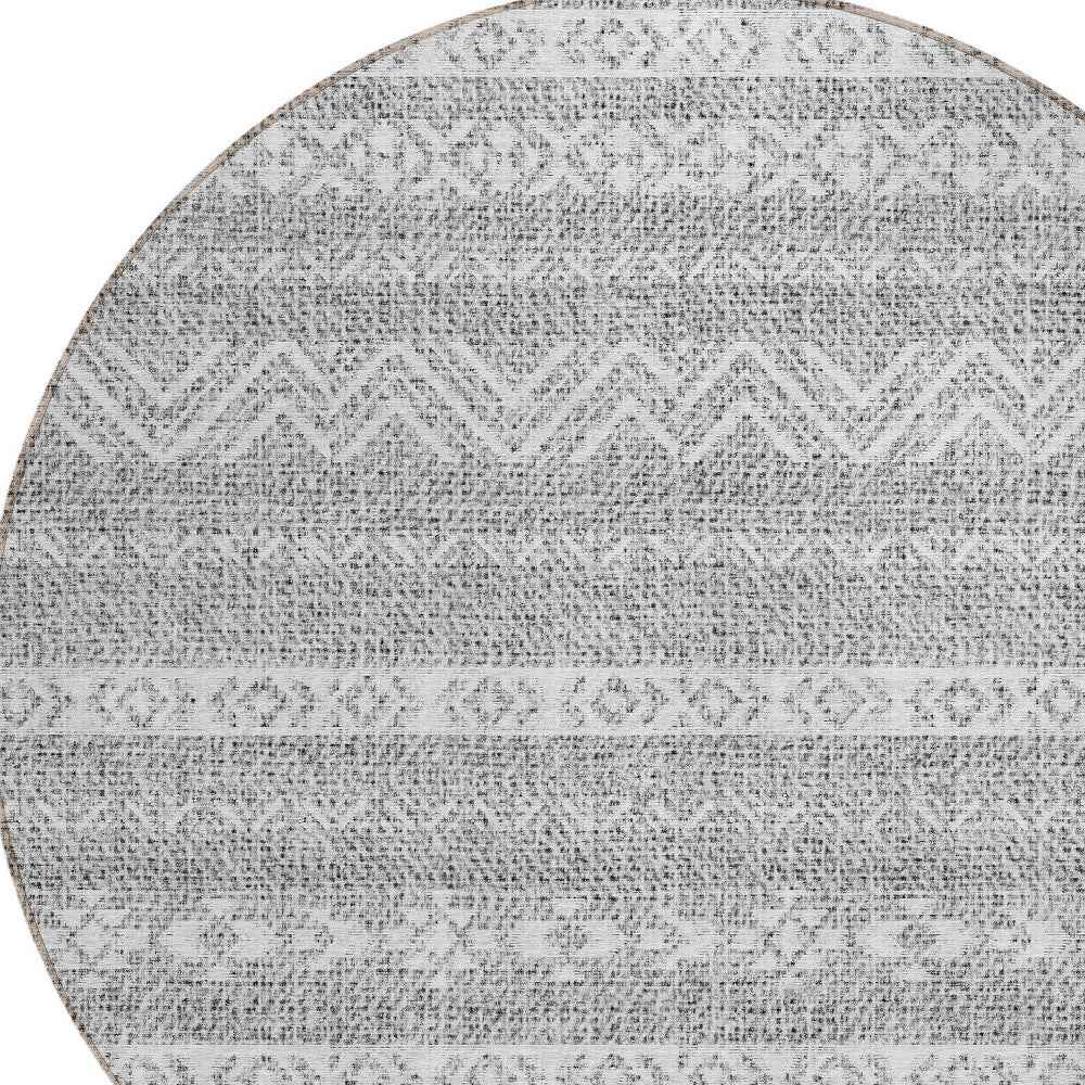8' Gray And Silver Round Southwestern Washable Indoor Outdoor Area Rug