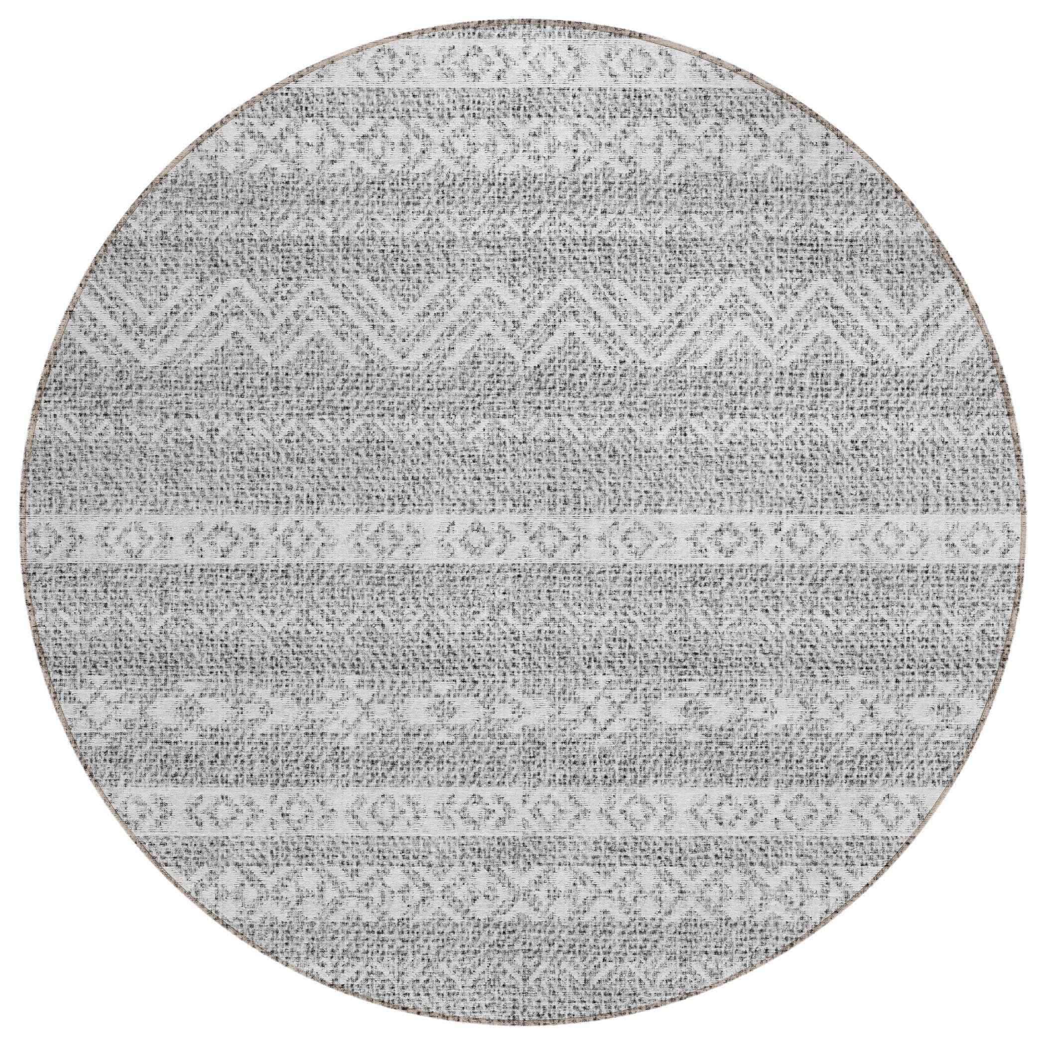 8' Gray And Silver Round Southwestern Washable Indoor Outdoor Area Rug