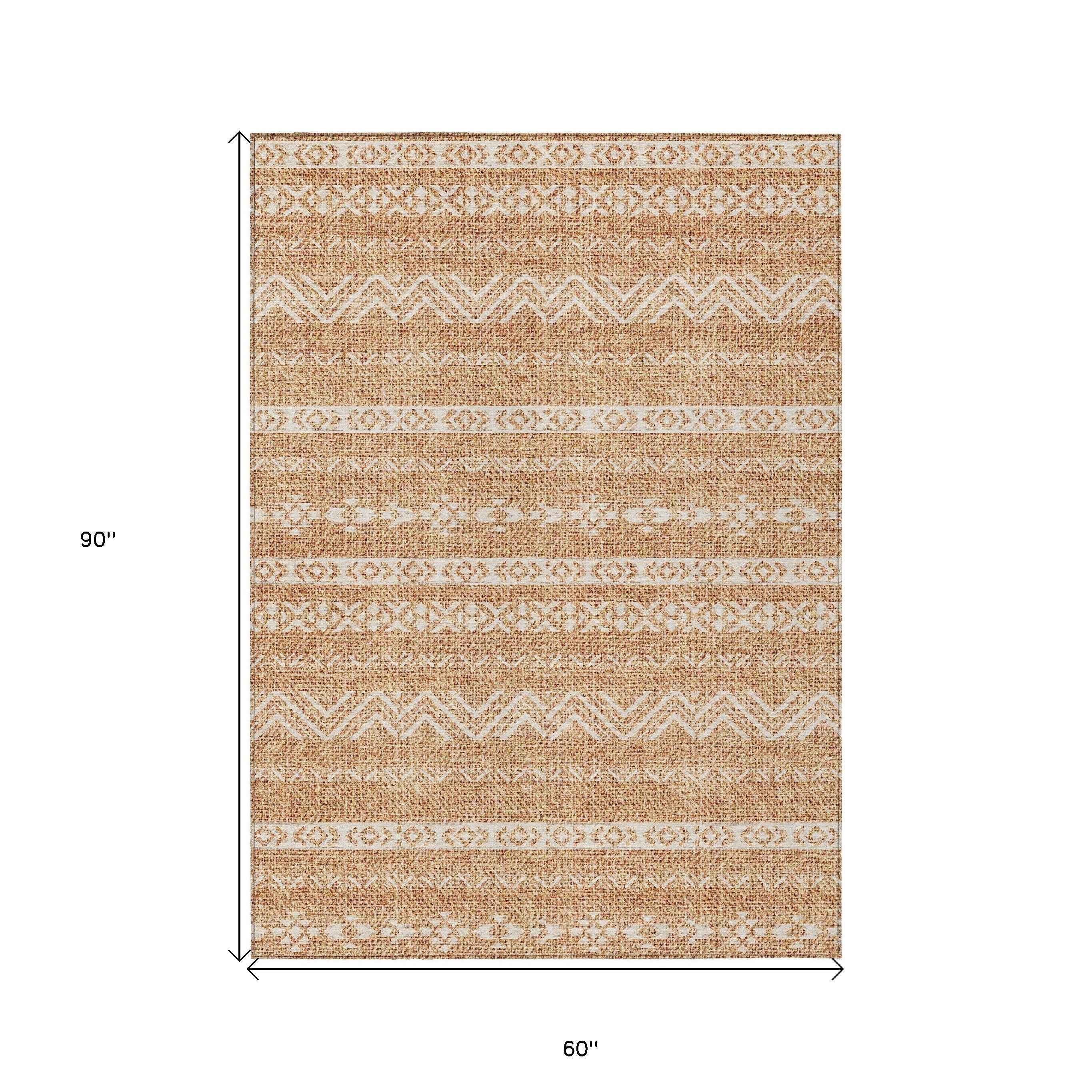 5' X 8' Terra Cotta And Beige Southwestern Washable Indoor Outdoor Area Rug