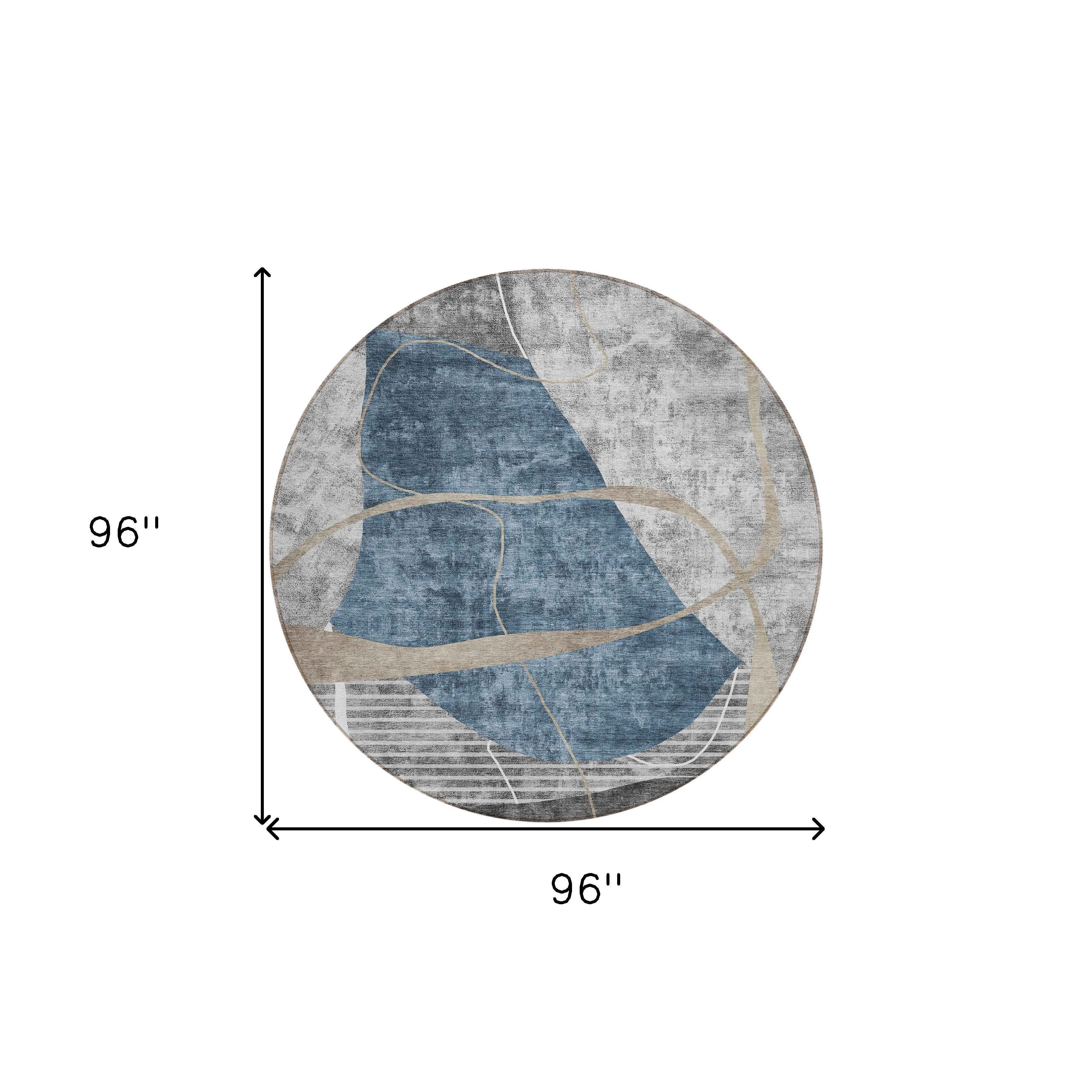 8' Blue Gray And Charcoal Round Abstract Washable Indoor Outdoor Area Rug