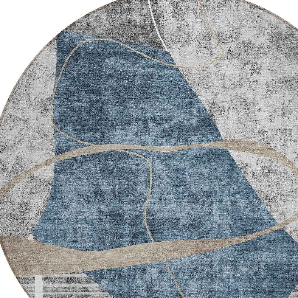 8' Blue Gray And Charcoal Round Abstract Washable Indoor Outdoor Area Rug