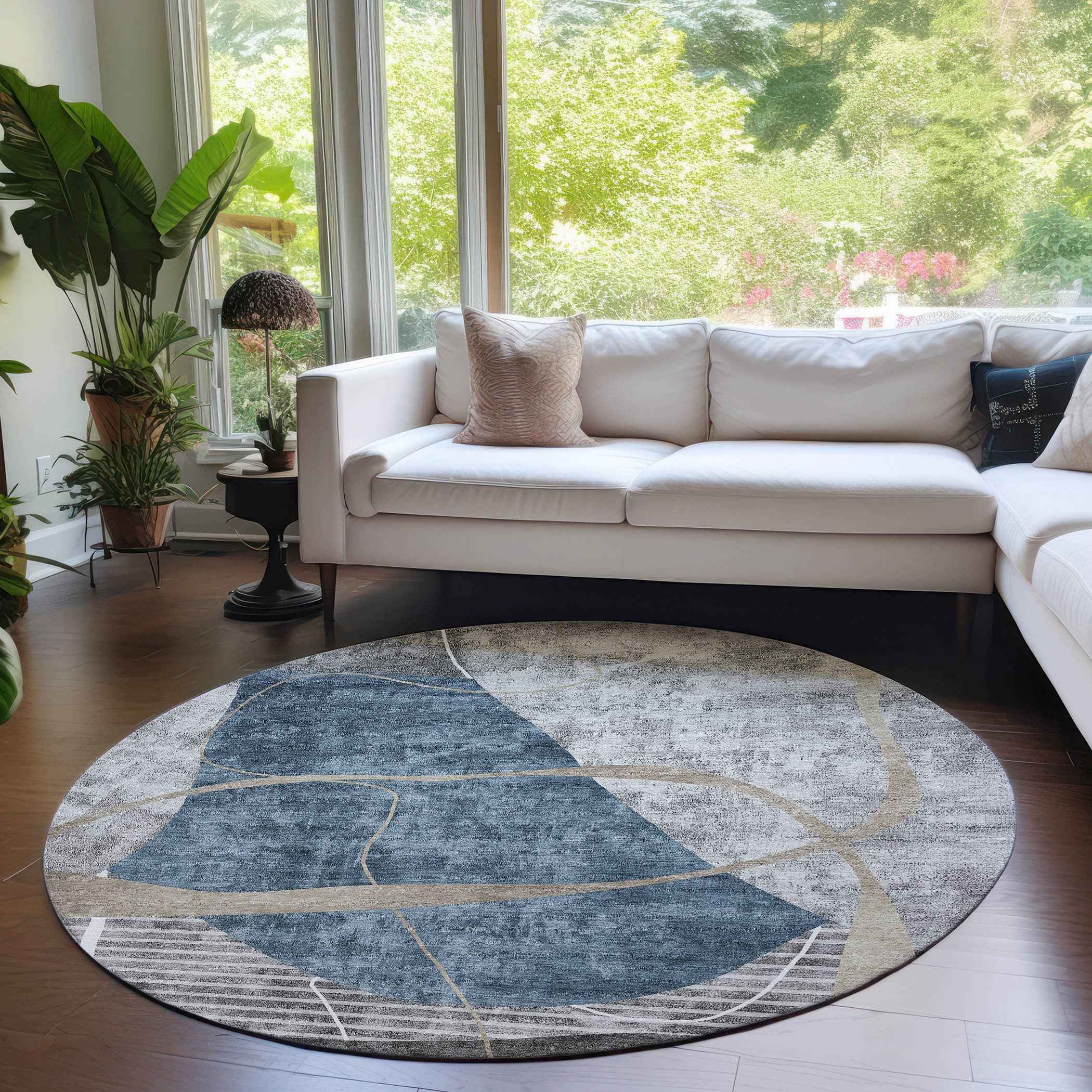 8' Blue Gray And Charcoal Round Abstract Washable Indoor Outdoor Area Rug